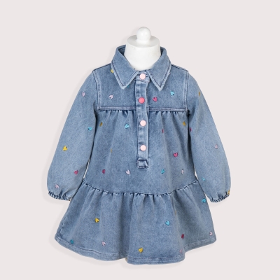 KIZ 2-5 YAŞ KALP NAKIŞLI DENİM ELBİSE 